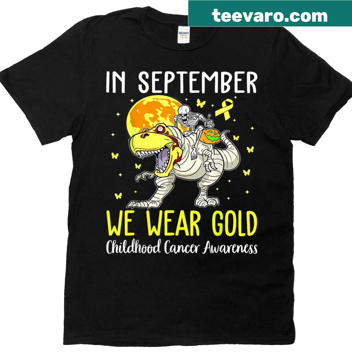 Childhood cancer awareness T-shirt with gold ribbon graphic — on a men's t-shirt