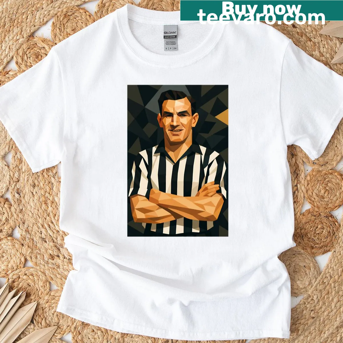 Illustrated T-shirt honoring football legend Jackie Milburn — on a men's t-shirt