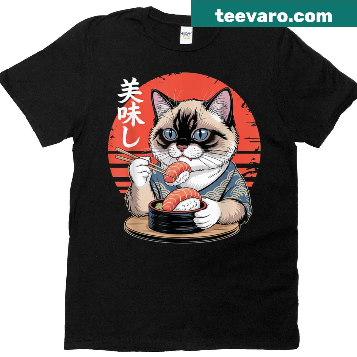 Kawaii anime cat design with a Siamese cat eating sushi — on a men's t-shirt
