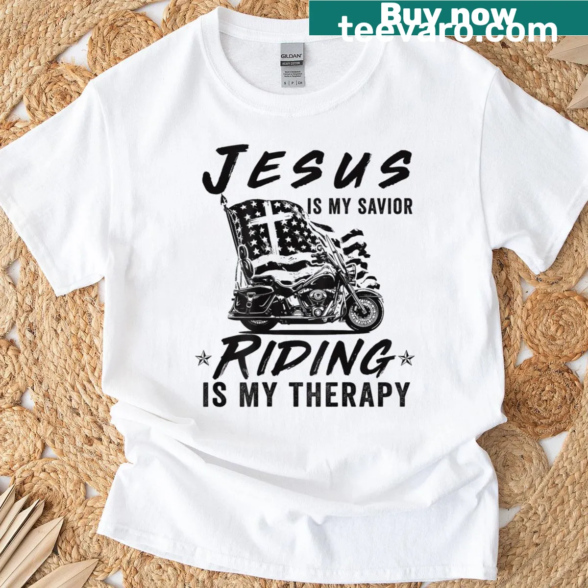 Inspirational motorcycle T-shirt featuring faith and riding themes. — on a men's t-shirt