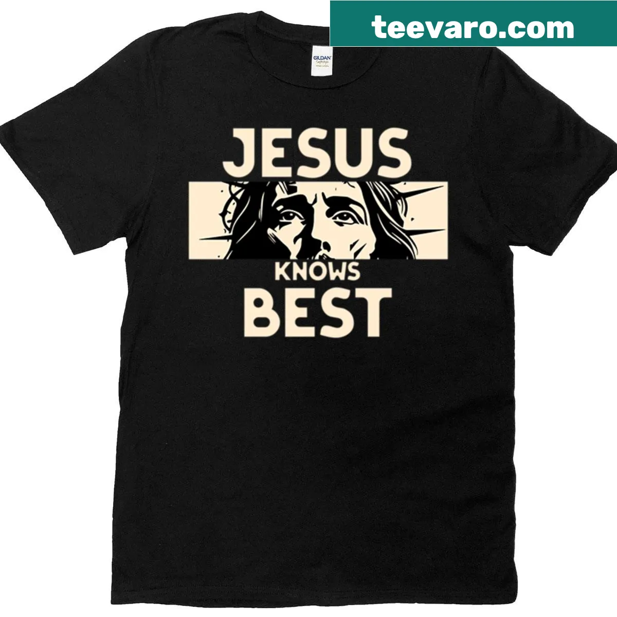 Bold Christian faith T-shirt with the phrase 'Jesus Knows Best' — on a men's t-shirt