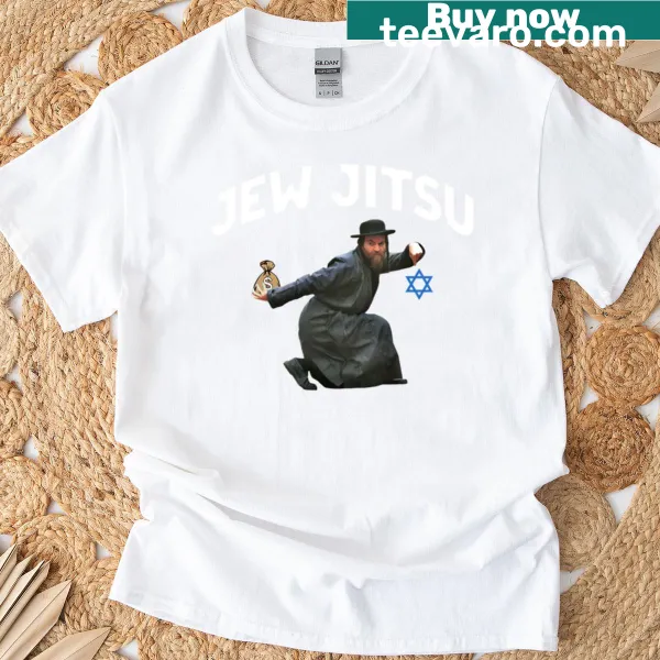 T-shirt with humorous text 'Jew Jitsu' celebrating culture and humor.