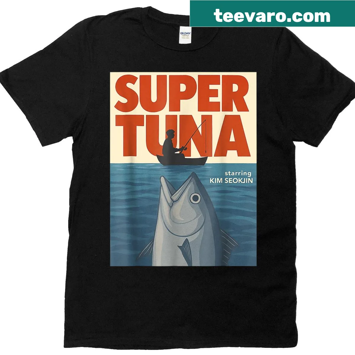 Retro T-shirt featuring an illustrated super tuna from 1975 — on a men's t-shirt