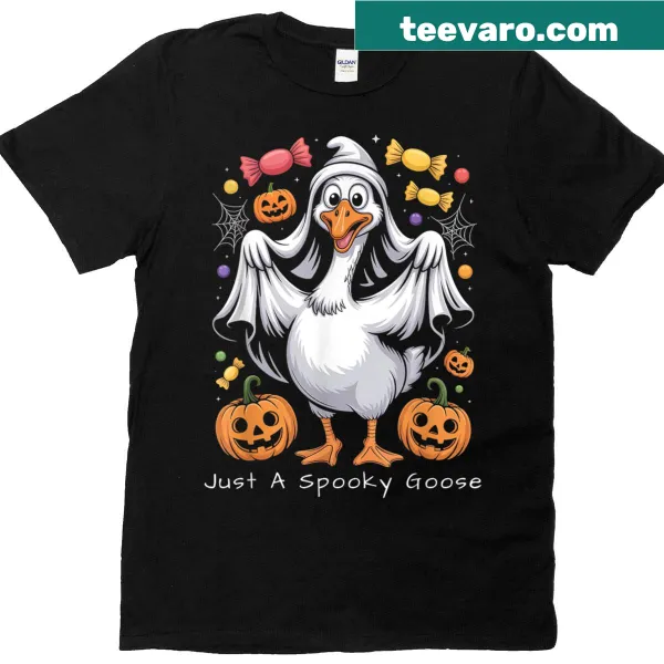 Cartoon goose in ghost costume for Halloween T-shirt