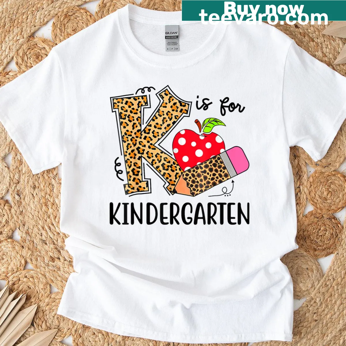 Illustrative T-shirt with 'K Is For Kindergarten Teacher' and playful leopard design. — on a men's t-shirt