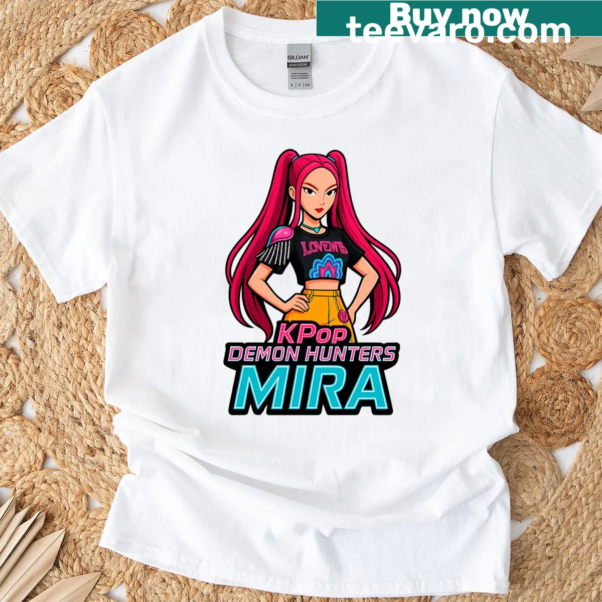 K-pop Demon Hunters T-shirt featuring 'Mira-6' artwork — on a men's t-shirt