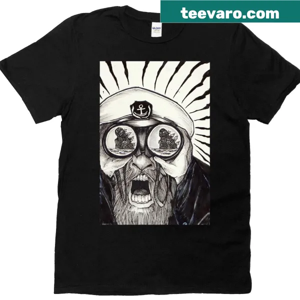 Cartoon-style Kaiju monster graphic on a T-shirt
