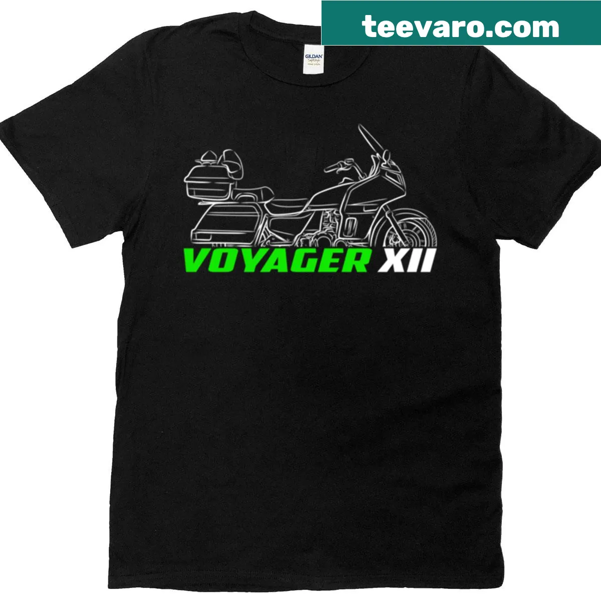 Kawasaki Voyager XII badge style motorcycle T-shirt — on a men's t-shirt