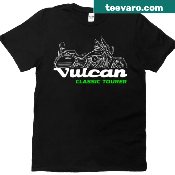 Kawasaki Vulcan 1600 Tourer biker T-shirt with a badge-style graphic.