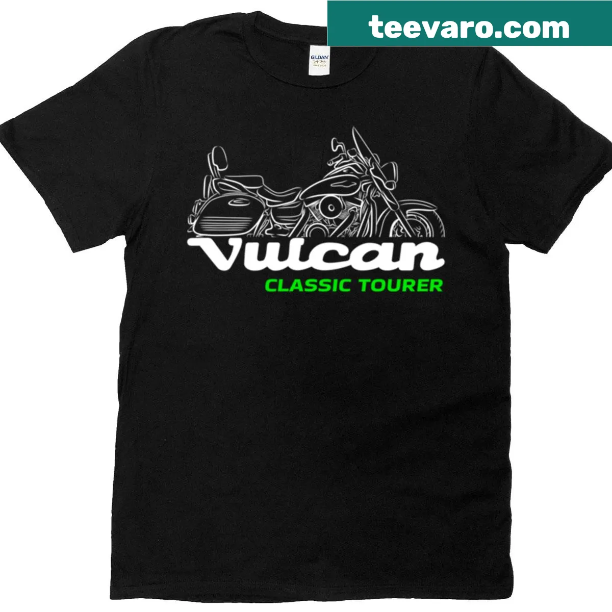 Kawasaki Vulcan 1600 Tourer biker T-shirt with a badge-style graphic. — on a men's t-shirt