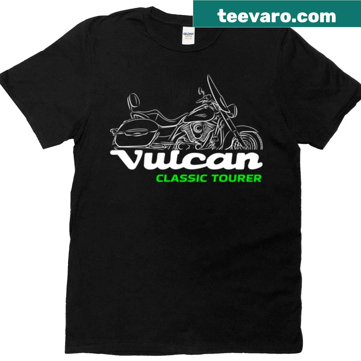 Kawasaki Vulcan 1700 Tourer t-shirt featuring motorcycle silhouette and bold text — on a men's t-shirt