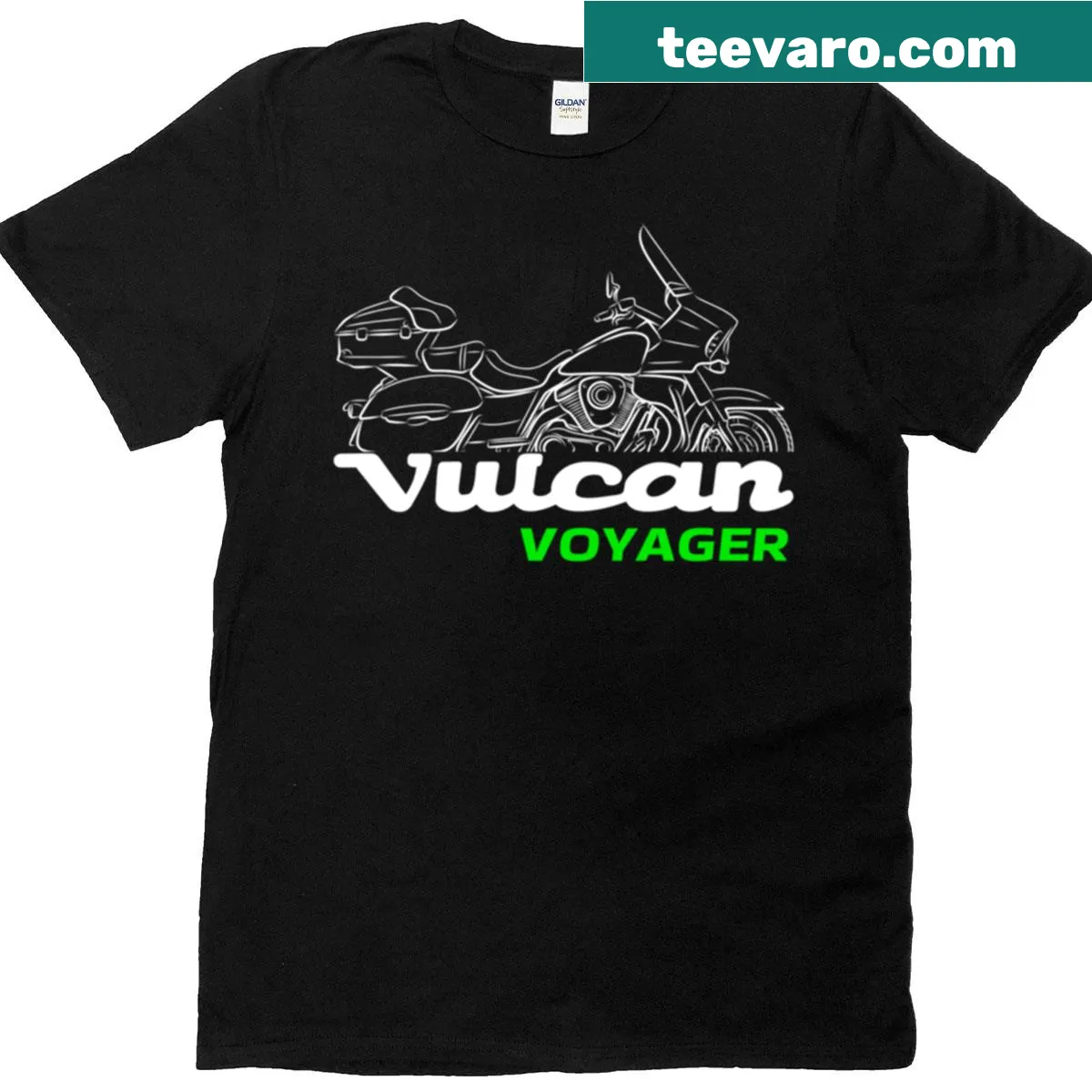 Kawasaki Vulcan 1700 Voyager biker T-shirt featuring a badge-style graphic. — on a men's t-shirt