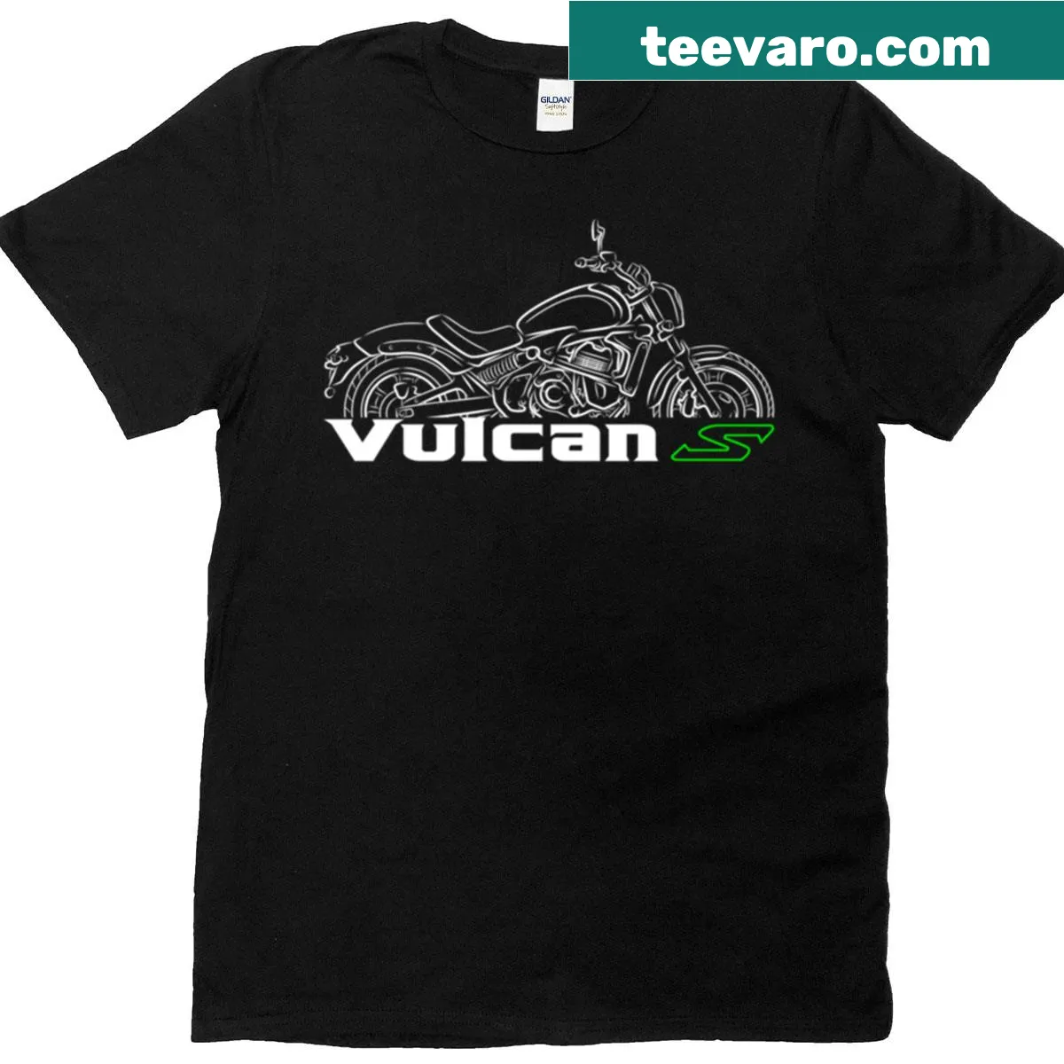 Illustrative Kawasaki Vulcan S motorcycle graphic T-shirt — on a men's t-shirt