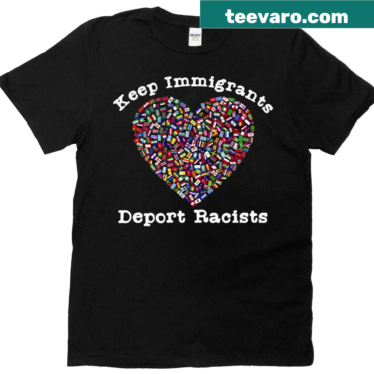 T-shirt with a message of unity featuring international flags — on a men's t-shirt
