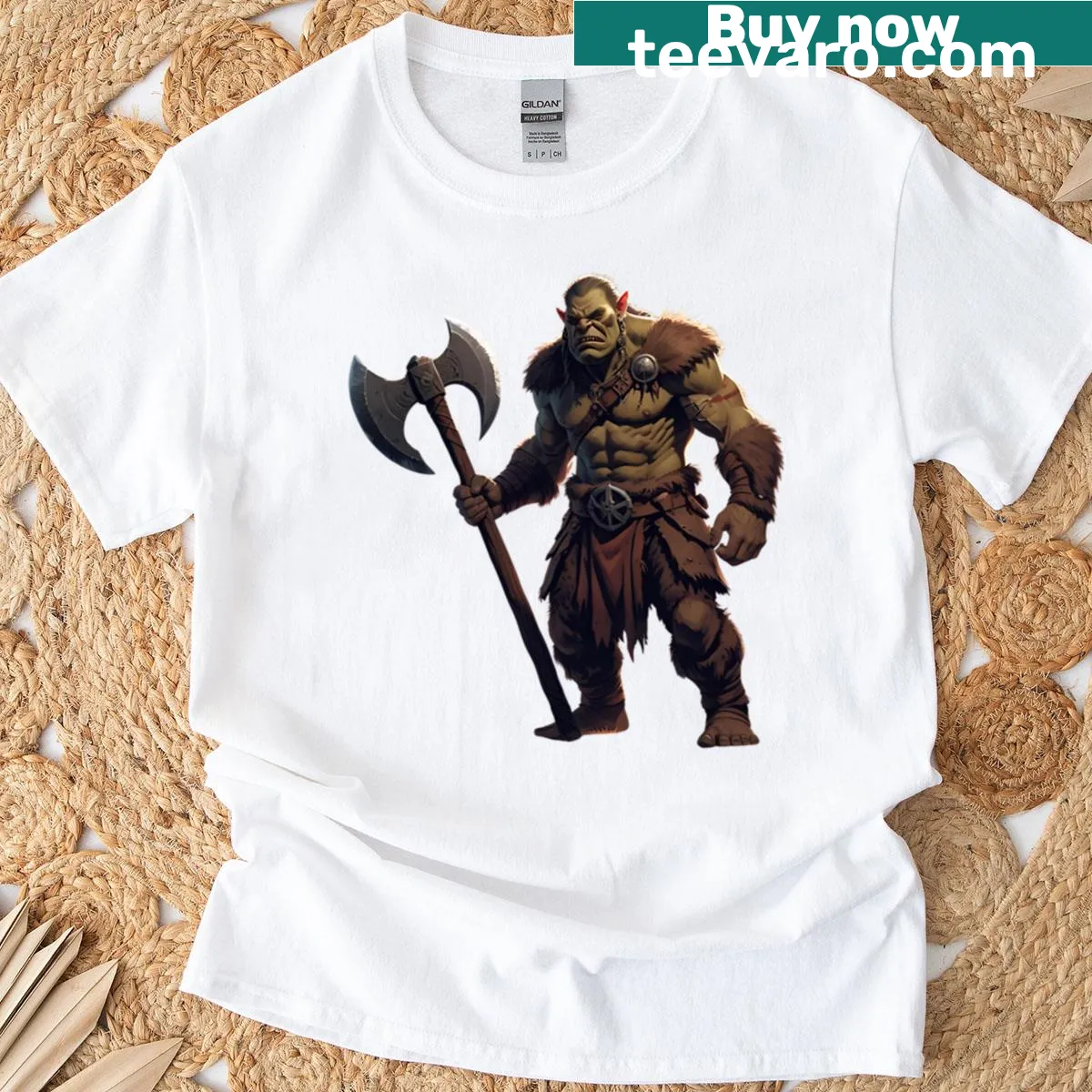 Illustration of a large half-orc barbarian on T-shirt — on a men's t-shirt