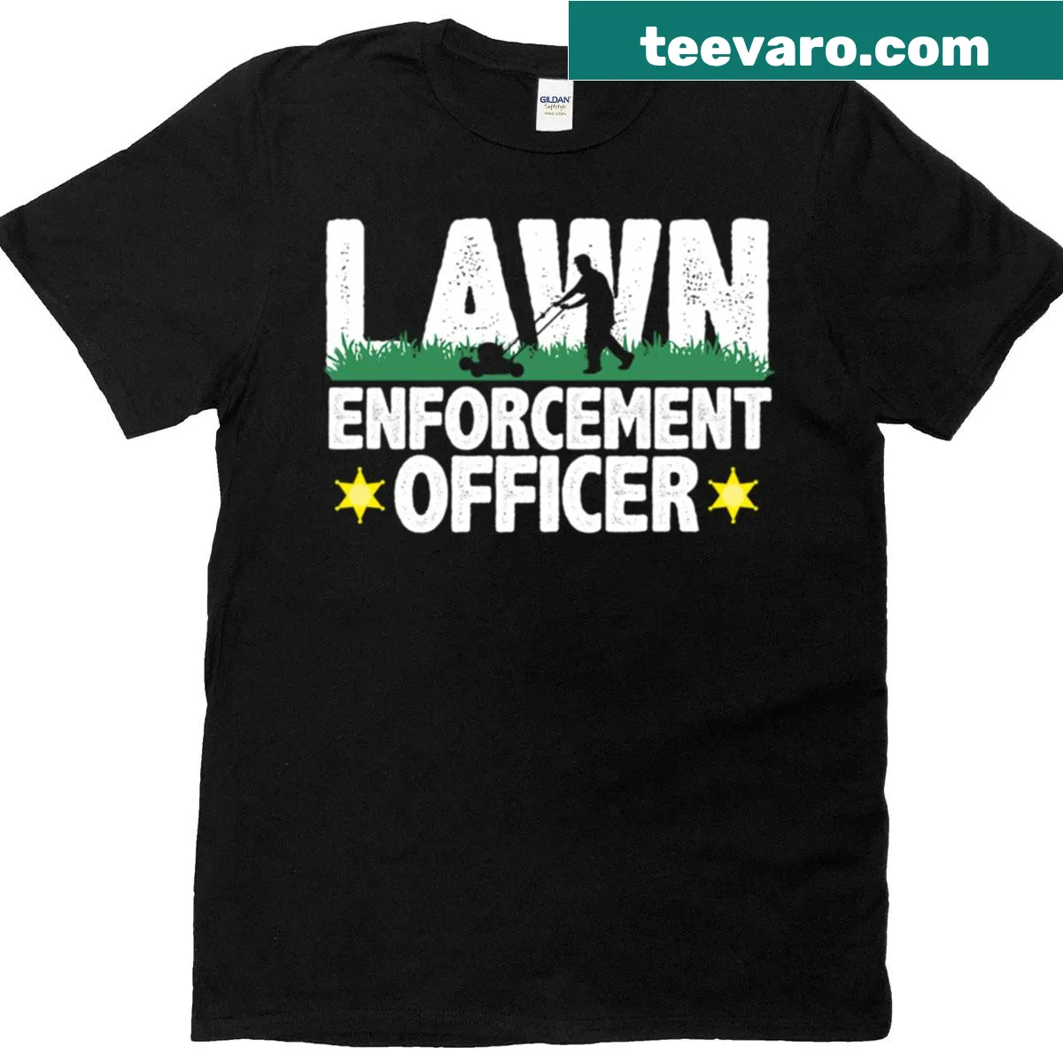 Funny lawn enforcement officer graphic on a gardening T-shirt — on a men's t-shirt