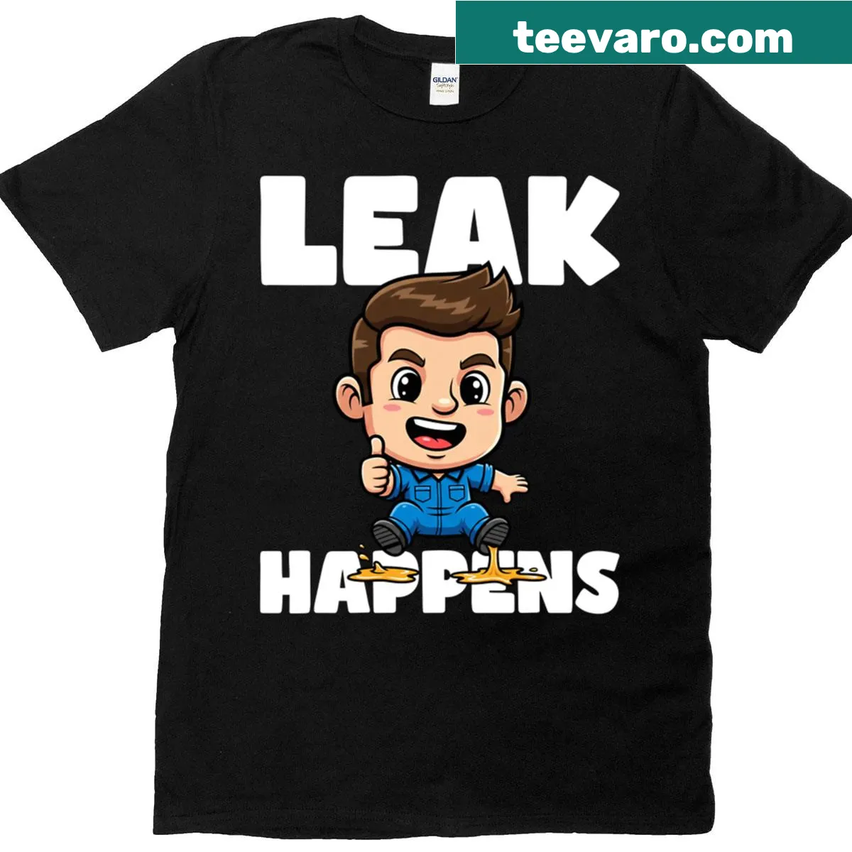 Funny mechanic T-shirt with a leak graphic and text — on a men's t-shirt