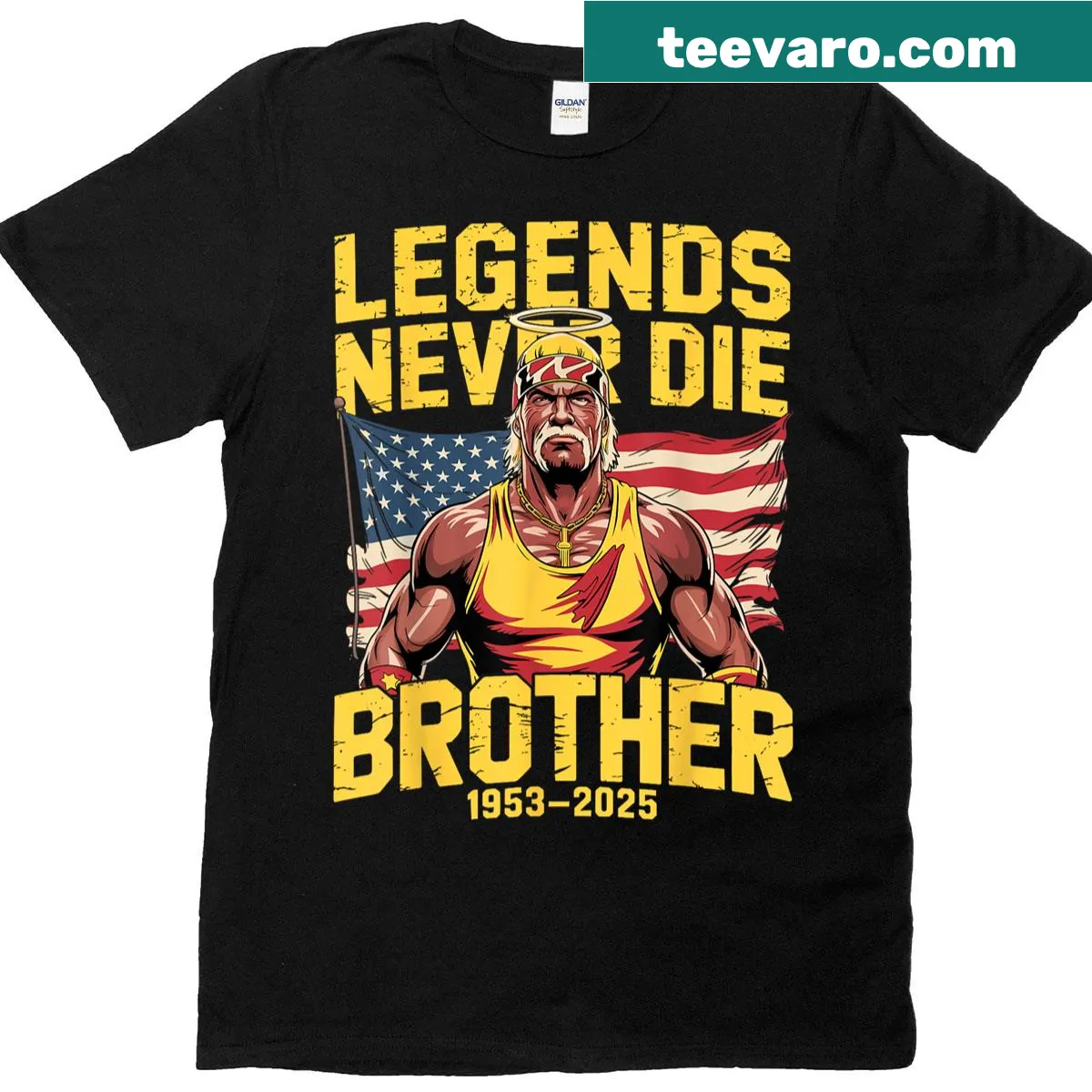 Commemorative Legends Never Die graphic on a T-shirt — on a men's t-shirt