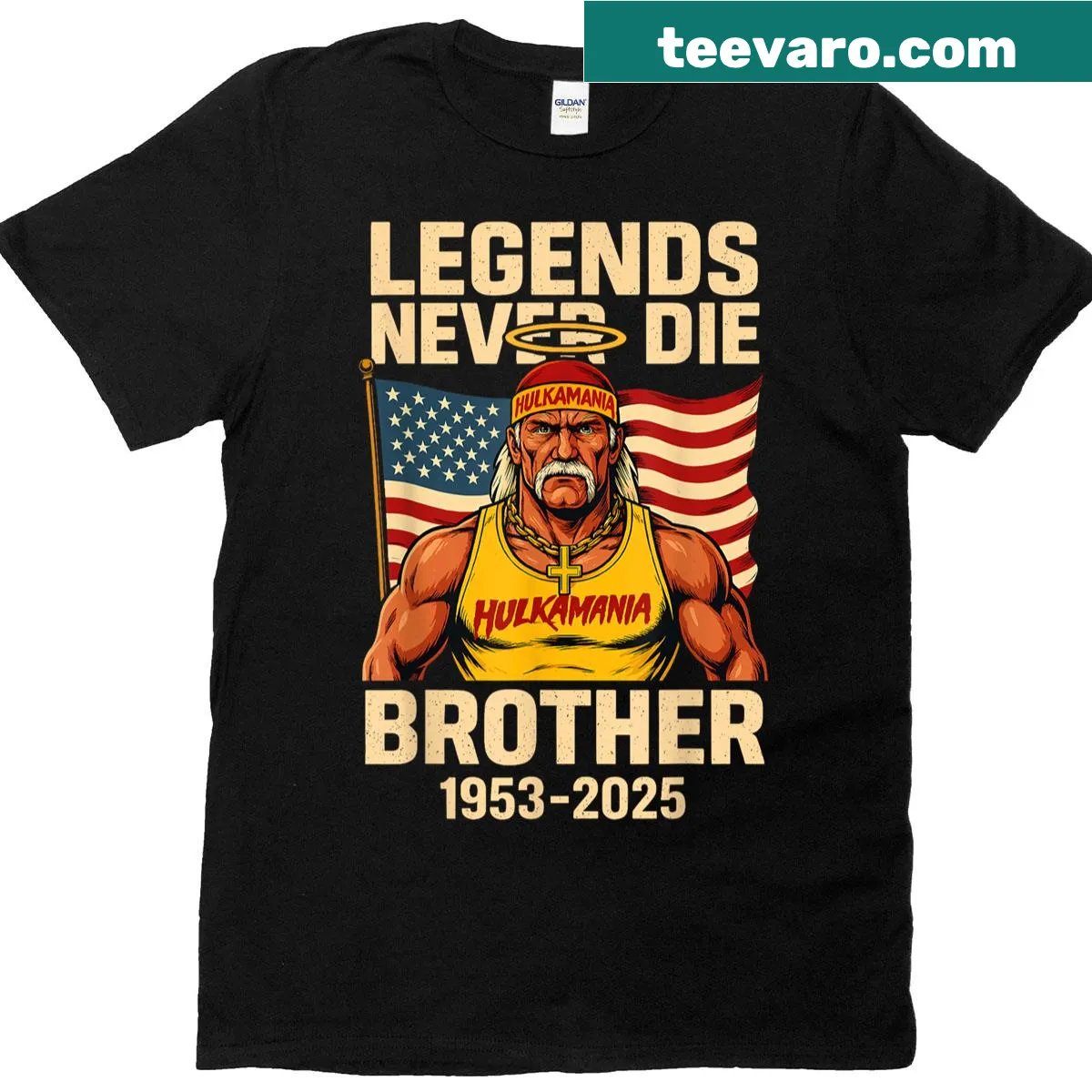 In memory T-shirt honoring a wrestling legend with text and dates — on a men's t-shirt