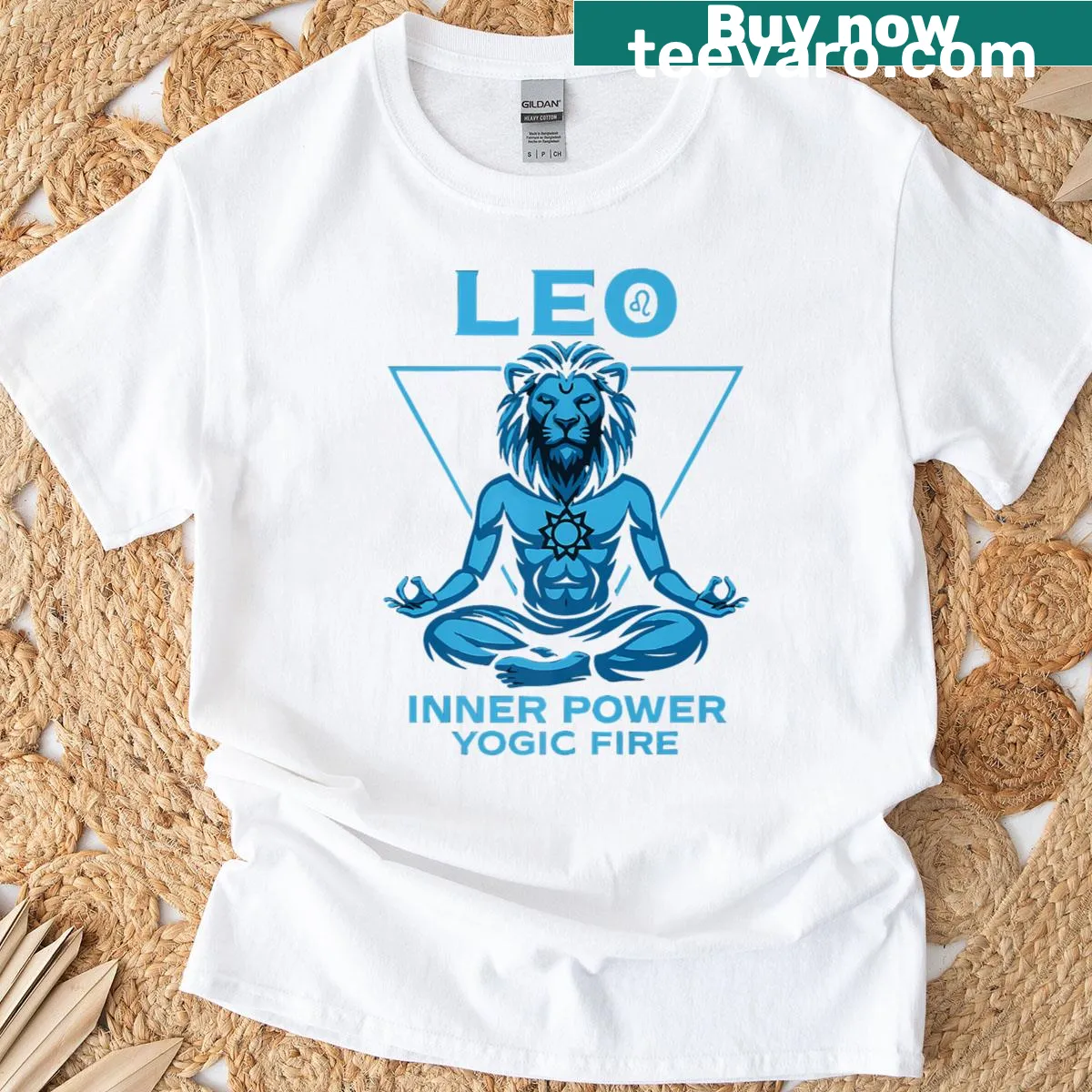 Zodiac Leo T-shirt featuring a yoga design with inner fire theme. — on a men's t-shirt