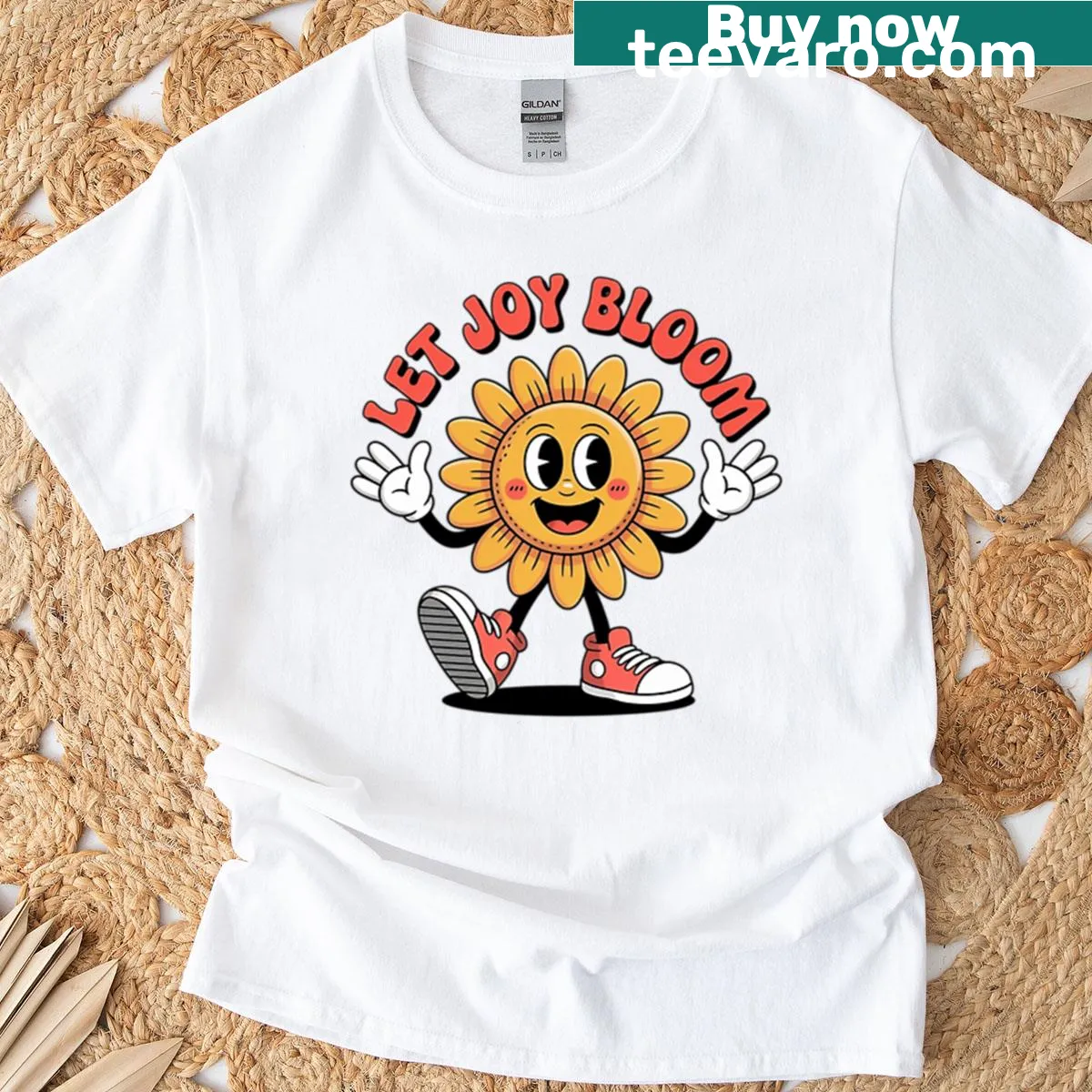 Retro flower art with 'Let Joy Bloom' phrase on T-shirt — on a men's t-shirt