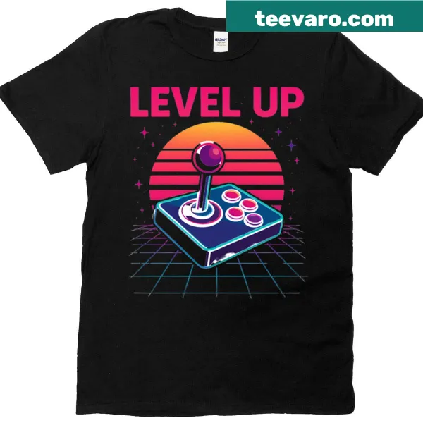 Neon graphic tee with retro arcade gaming design and 'Level Up' text