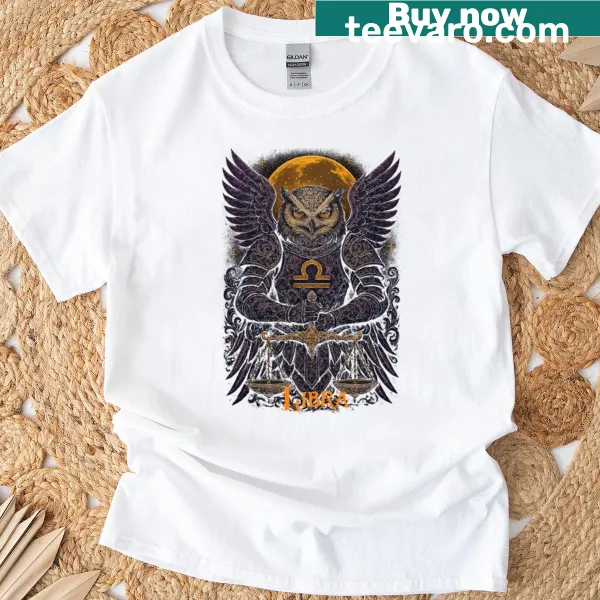 Zodiac T-shirt featuring an owl symbolizing Libra and balance