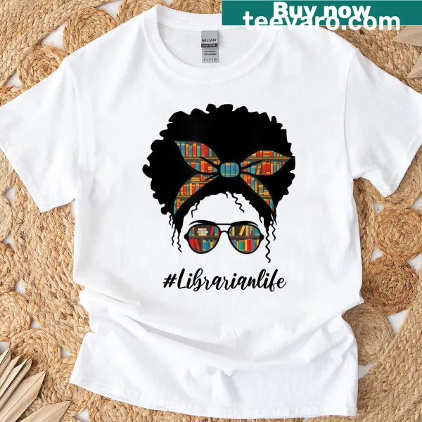Illustrative T-shirt for librarians and teachers featuring books and a messy bun