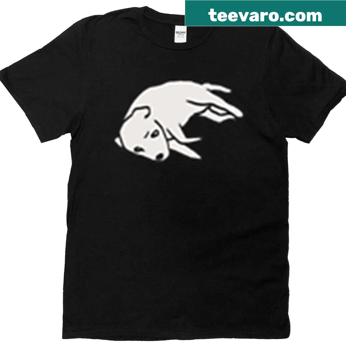 Cartoon design of a slumped dog on a humorous tee — on a men's t-shirt
