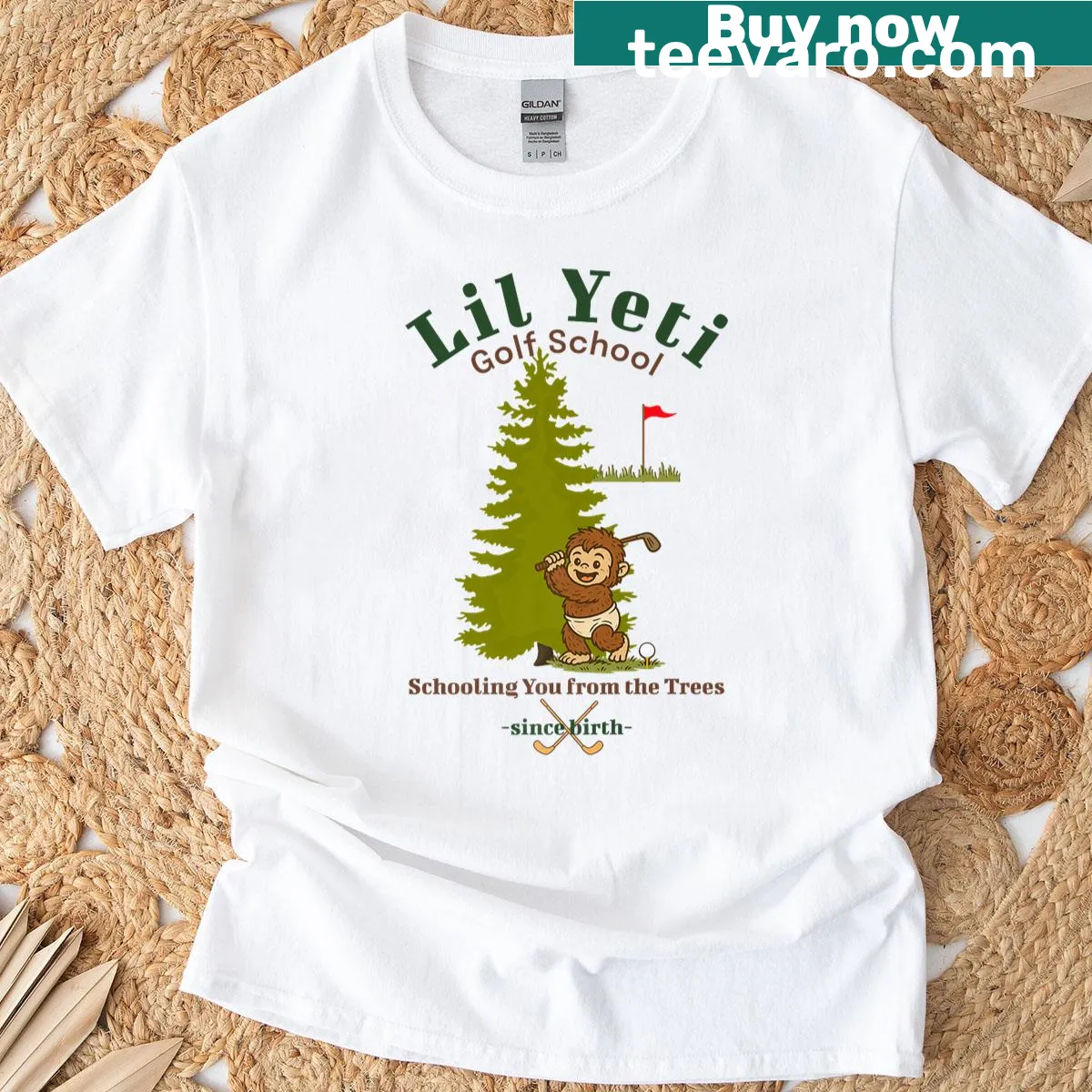 Funny baby yeti golfing design on a premium t-shirt. — on a men's t-shirt