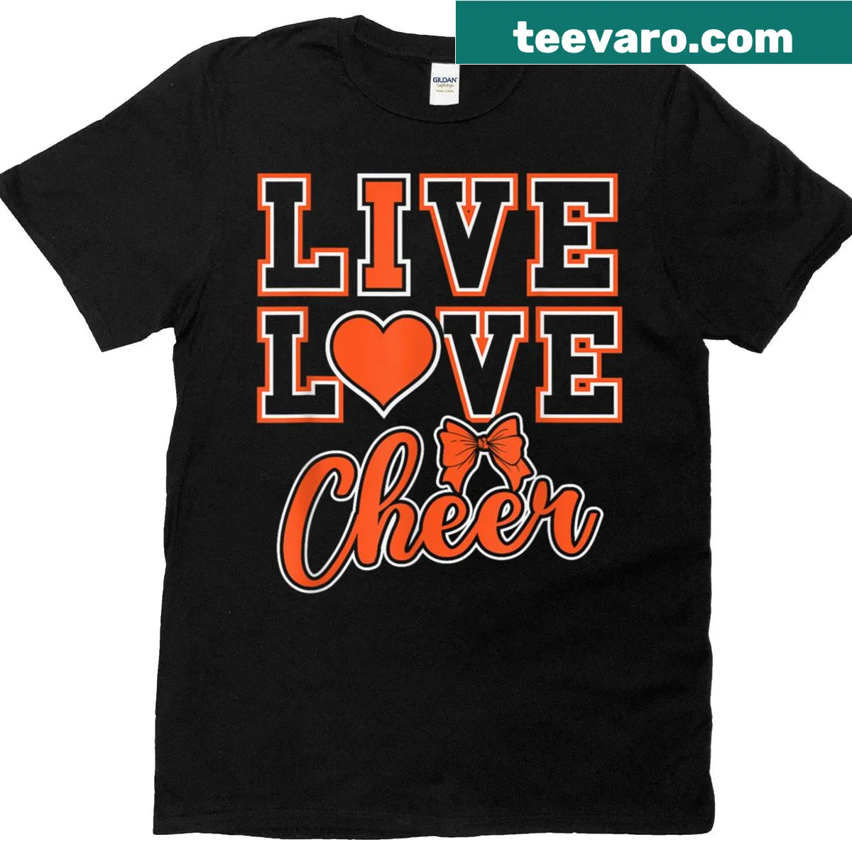 Cheerleading themed t-shirt with orange bow design — on a men's t-shirt
