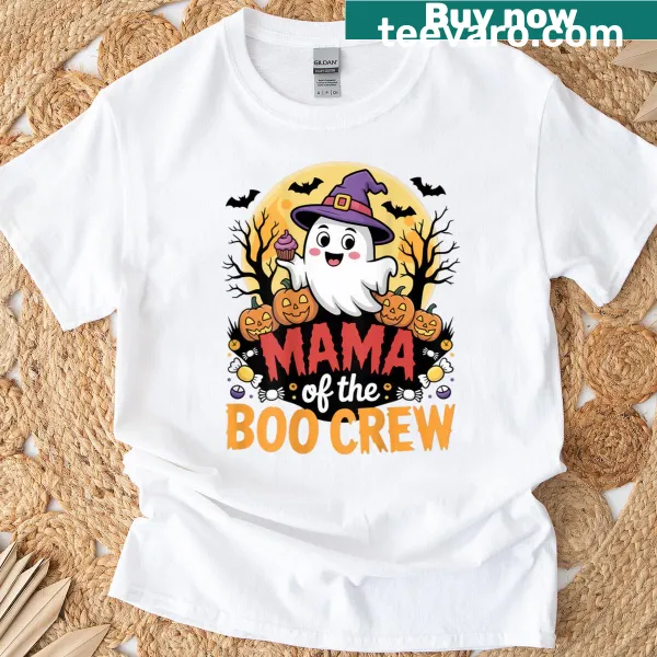 Halloween-themed T-shirt for moms with 'Mama Of The Boo Crew' design