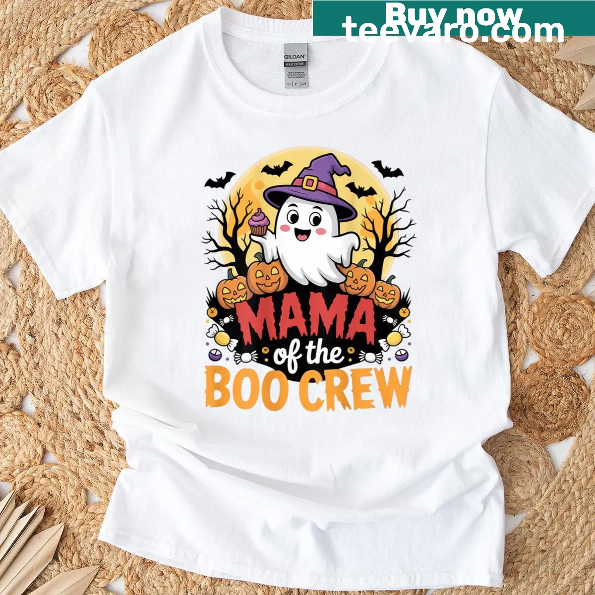 Halloween-themed T-shirt for moms with 'Mama Of The Boo Crew' design — on a men's t-shirt