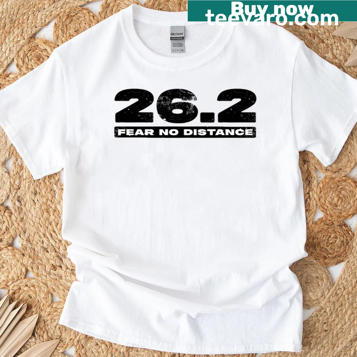 Bold text tee with the phrase 'Fear No Distance' for runners — on a men's t-shirt