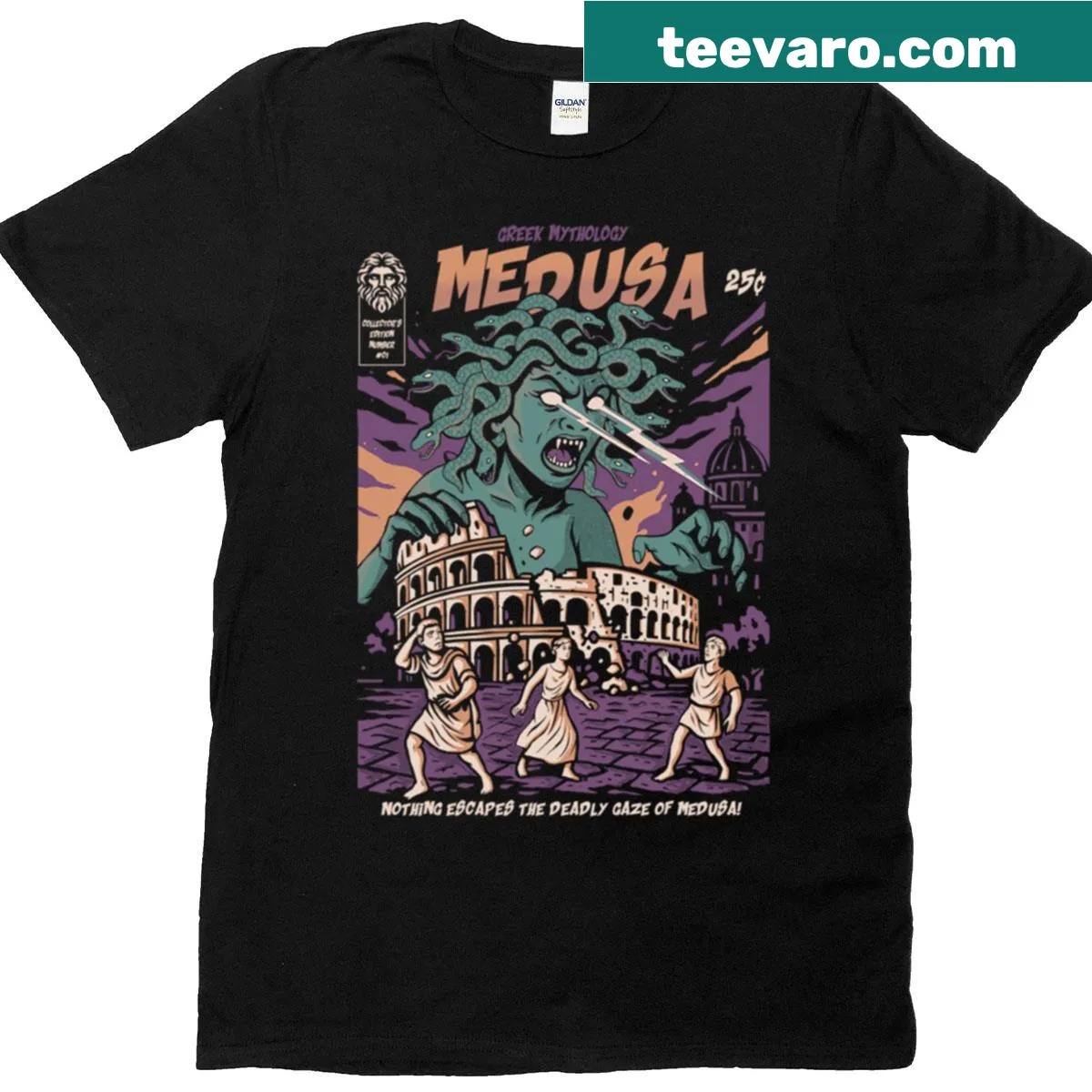 T-shirt featuring an illustration of Medusa from mythology — on a men's t-shirt