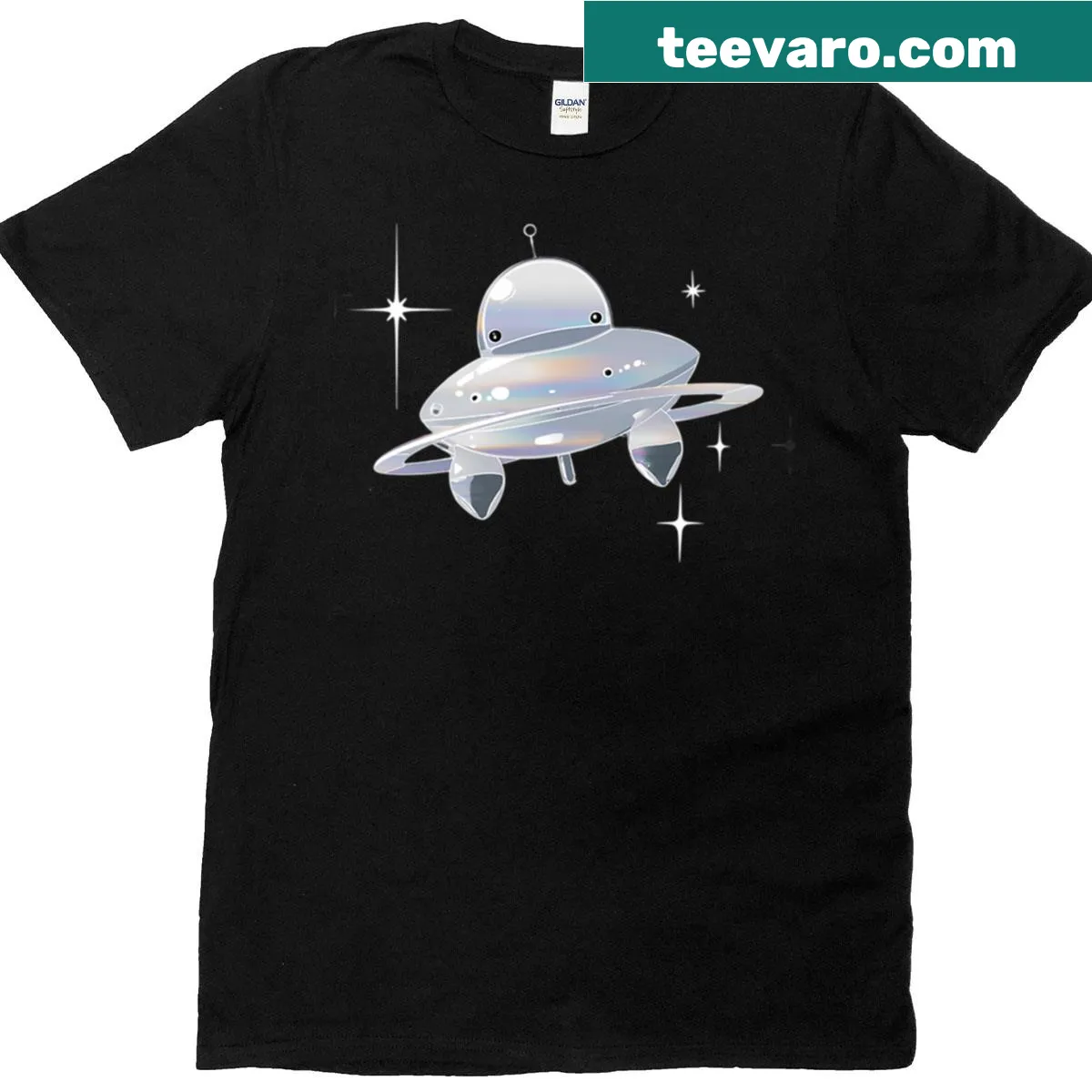 Cartoonish metallic UFO design peeking down at the wearer — on a men's t-shirt