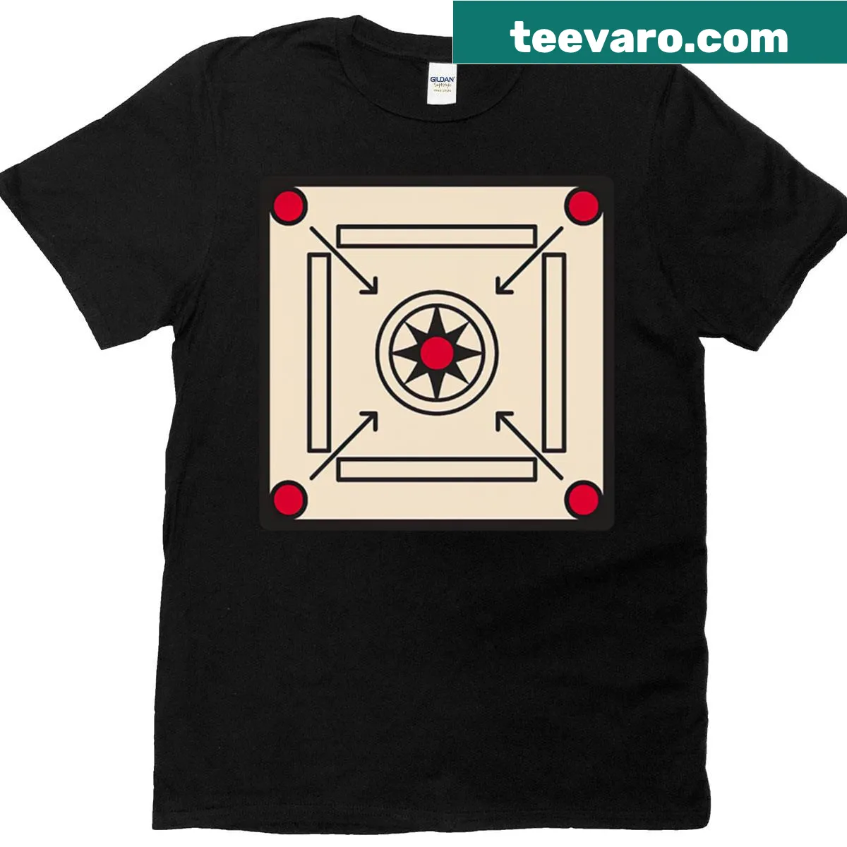 Minimalist line-art design of a carrom board — on a men's t-shirt