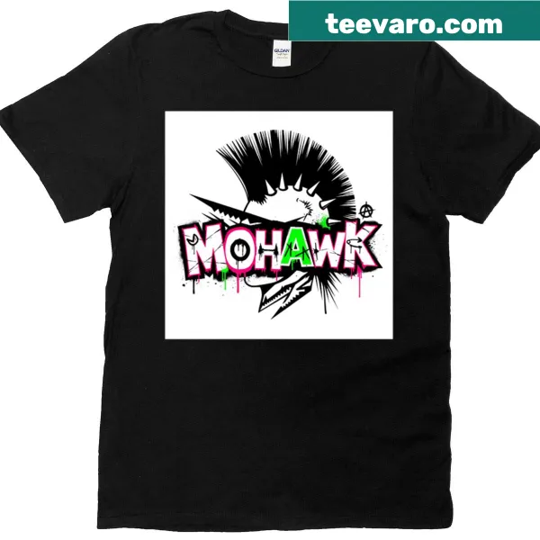Punk character graphic on a T-shirt with a bold mohawk style.