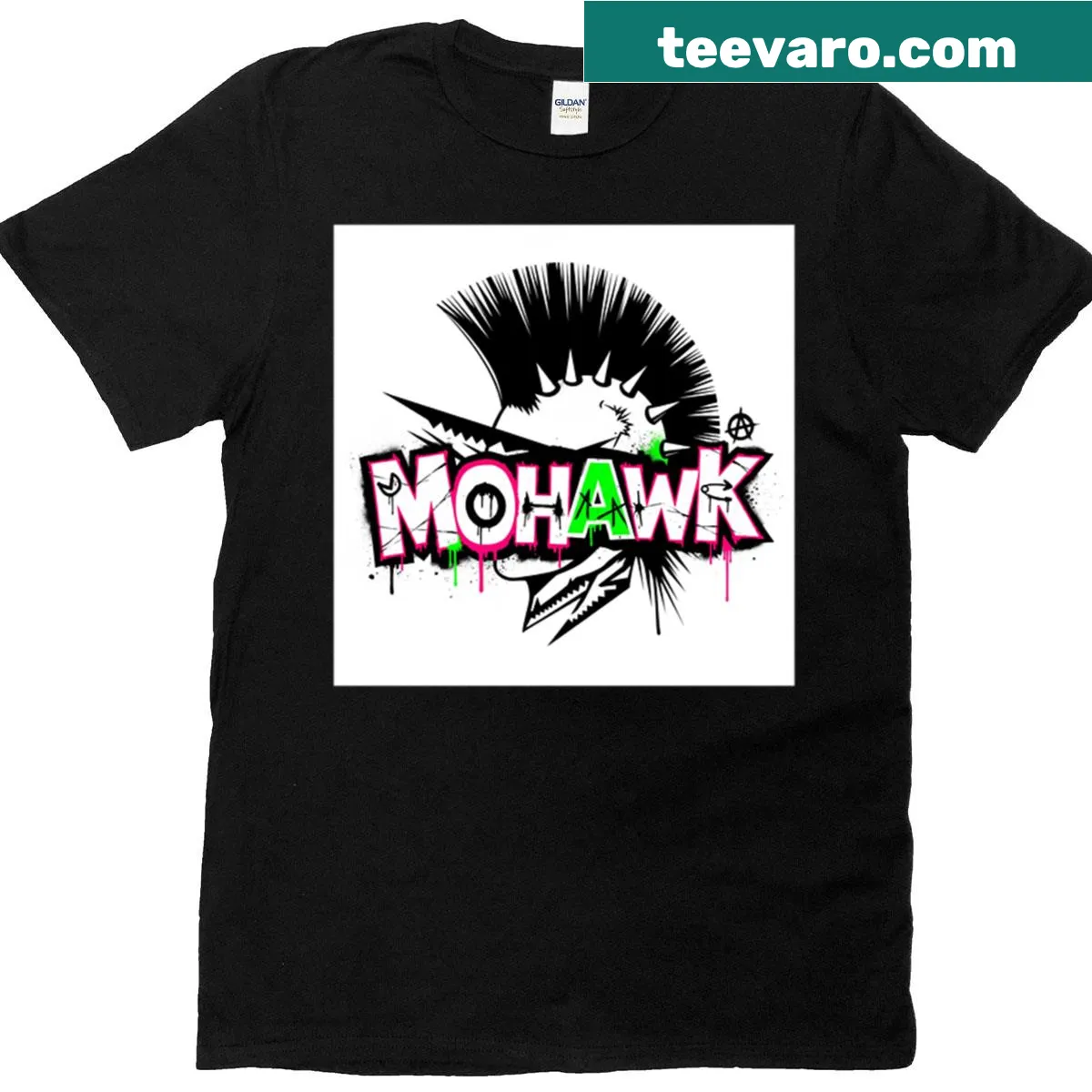 Punk character graphic on a T-shirt with a bold mohawk style. — on a men's t-shirt