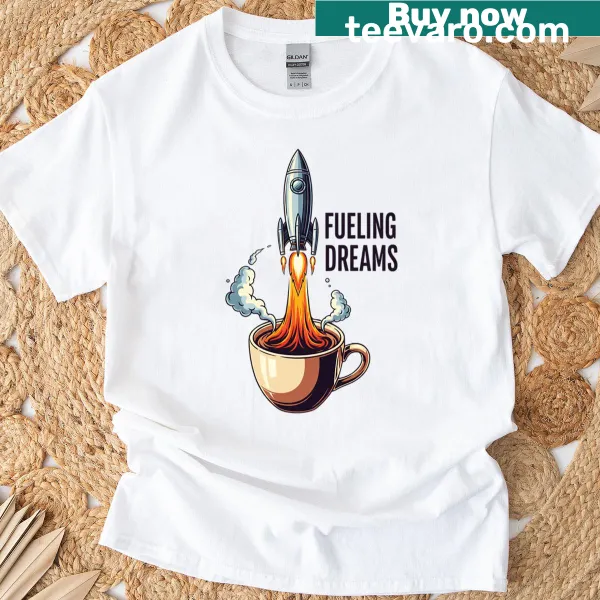 Whimsical T-shirt featuring a coffee rocket graphic with Morning Launch text