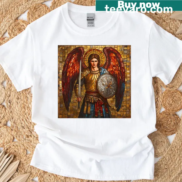 Mosaic design of Archangel Michael with sword and shield
