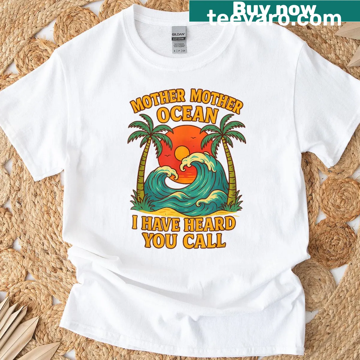 Retro tee with the phrase Mother Mother Ocean I Have Heard You Call — on a men's t-shirt