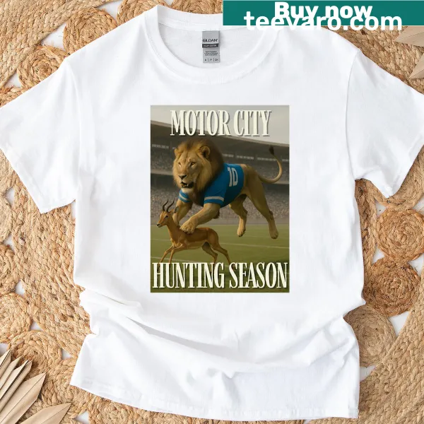 T-shirt celebrating Detroit Lions and hunting season themes.
