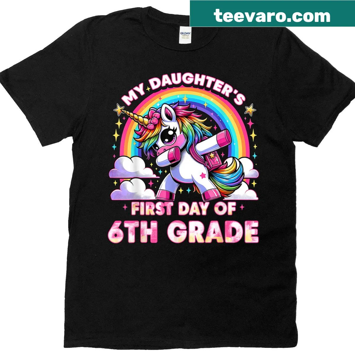 Unicorn design T-shirt celebrating daughter's first day of 6th grade — on a men's t-shirt