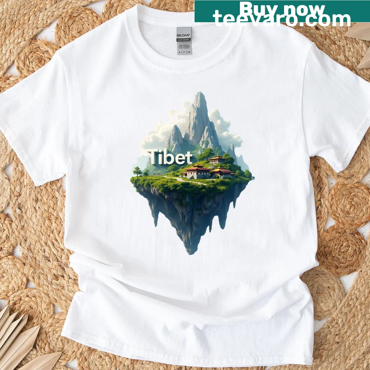 3D model graphic t-shirt of a floating city inspired by Tibet — on a men's t-shirt