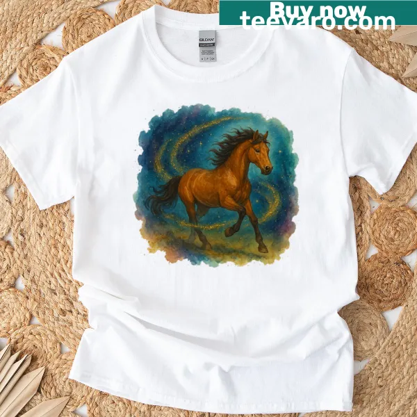 Whimsical t-shirt featuring a galloping horse in a mystical landscape