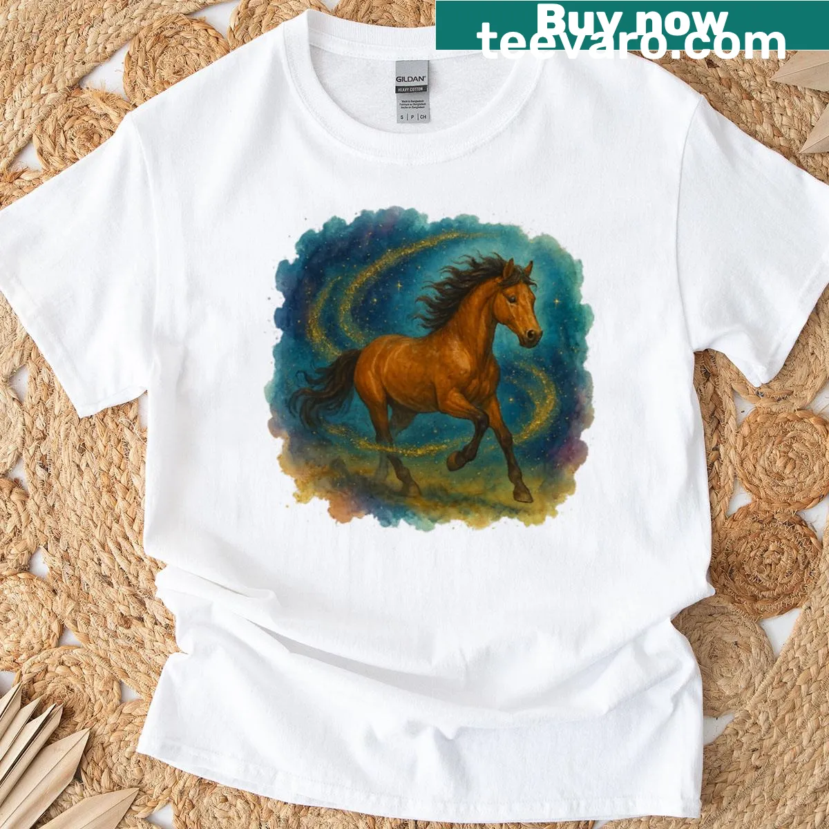 Whimsical t-shirt featuring a galloping horse in a mystical landscape — on a men's t-shirt