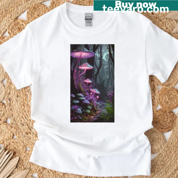 Illustration of a glowing mushroom forest in a mystical setting