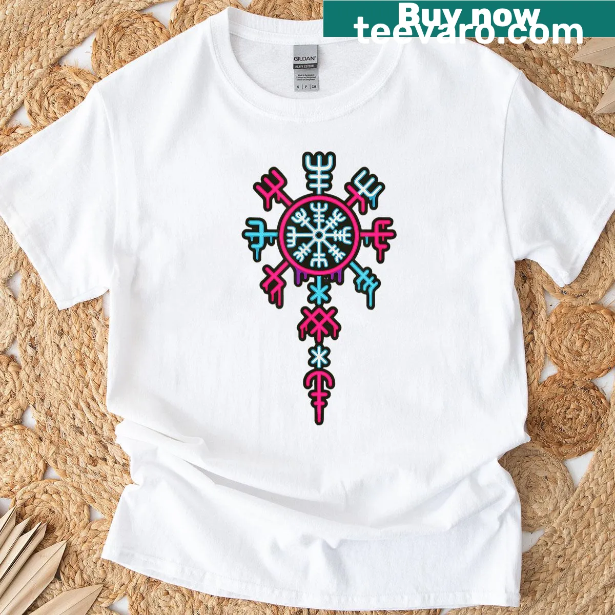 Striking neon Vegvisir symbol graphic for Norse mythology lovers — on a men's t-shirt
