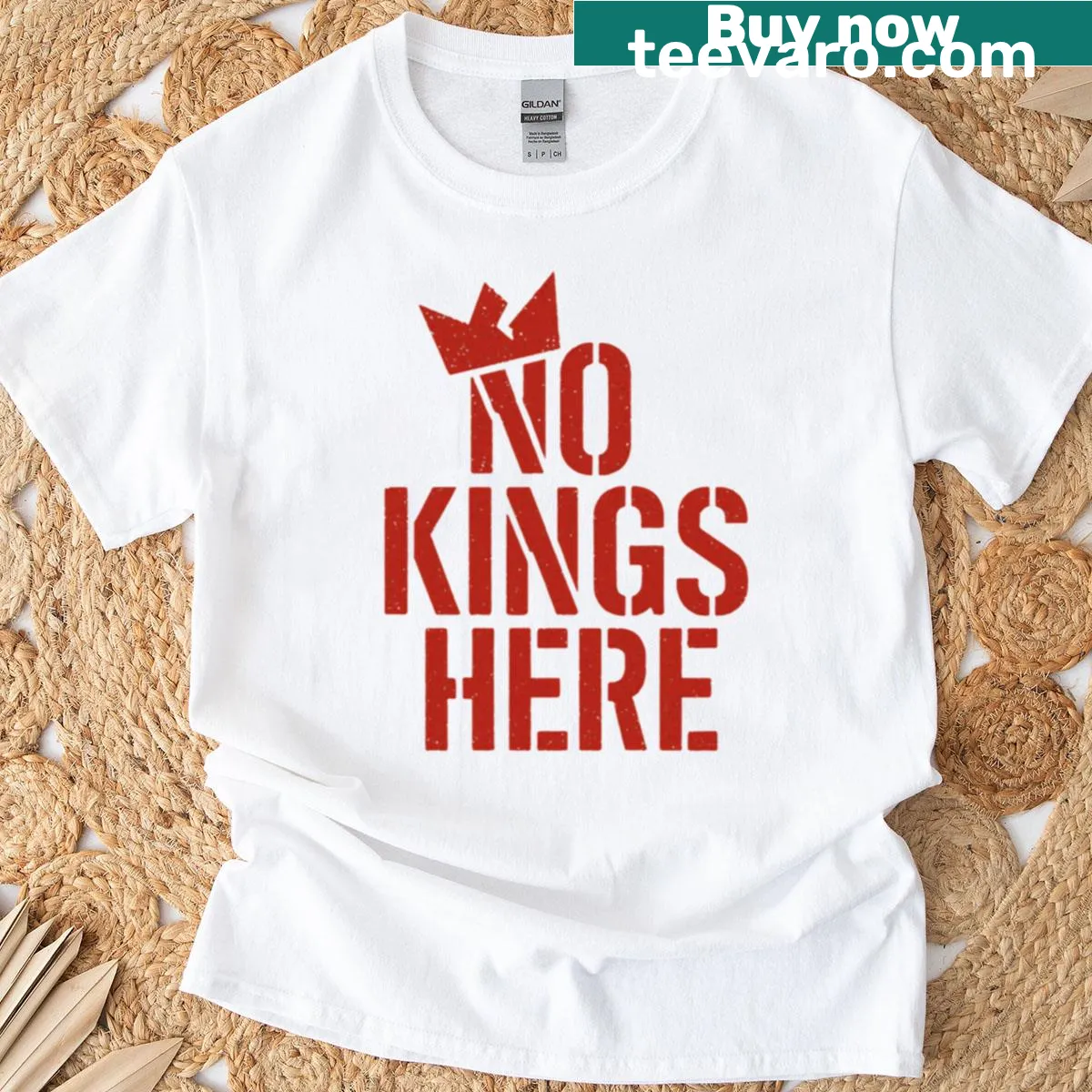 Bold text T-shirt with 'No Kings Just The People Rising' phrase — on a men's t-shirt